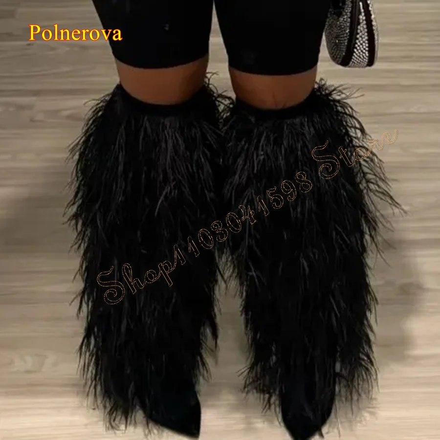 Fluffy Ostrich Feather Thigh High Boots Pointed Toe Leather Chunky Heel Women Boots Party Boots 2024 New Zapatos Para Mujere