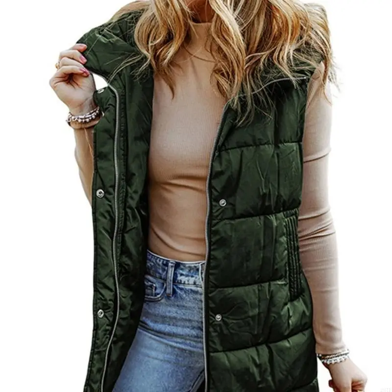 

2025 New Women Winter Waistcoat Lightweight Sleeveless Zipper Long Puffer Vest Hooded Jackets Quilted Gilet Coat with Pockets