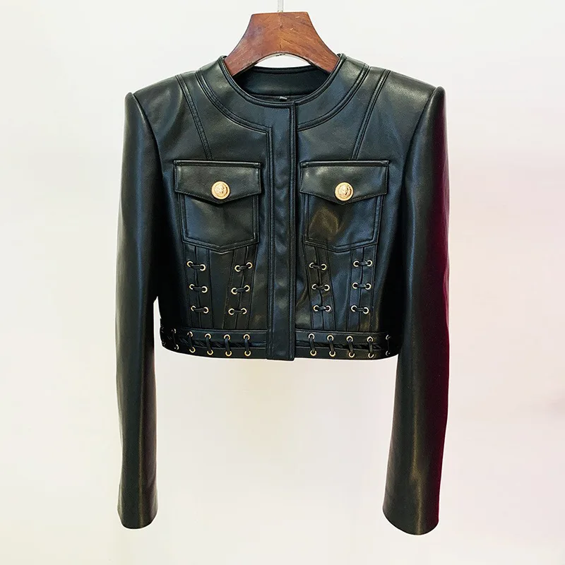 2024 New European and American Fashion round Neck Heavy Industry Rope Slim Short Leather Jacket Coat