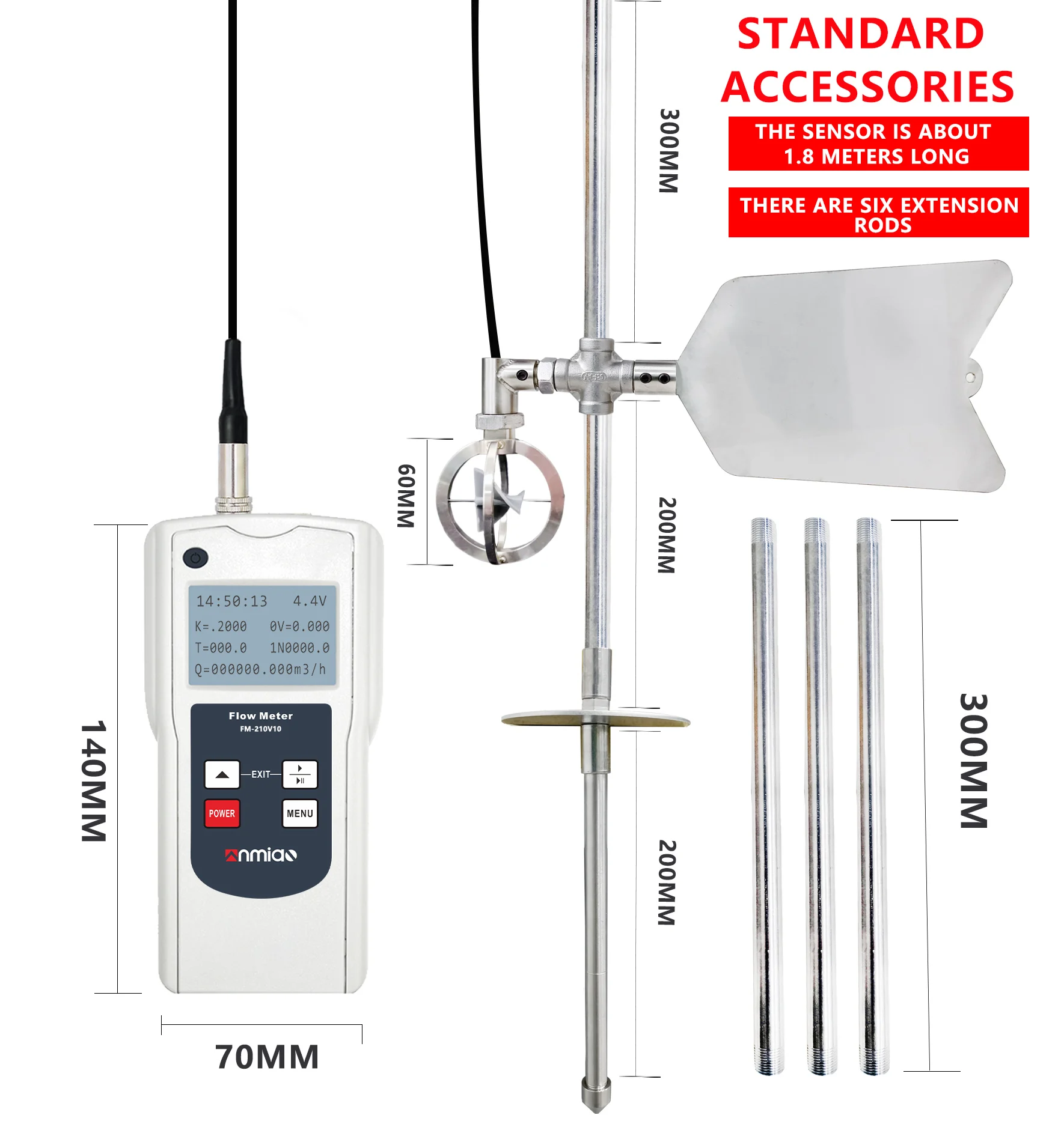 Digital flow meter FM-210V10 0.01-10.00m/s Portable water flowmeter Open channel river reservoir irrigation flow meter