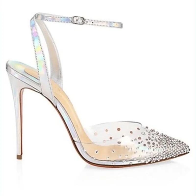 New Clear PVC Crystal Sandals Stilettos High Heel Pumps Ankle Buckle Strap Women Shoes Spring Summer Fashion Transparent Sandals