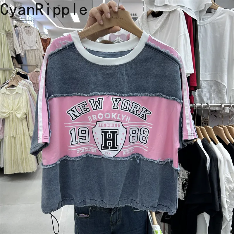 

American Street Contrast Color Denim Splicing Loose Short Sleeve T-shirt All-match Round Neck Pullover Top Female Casual Tees