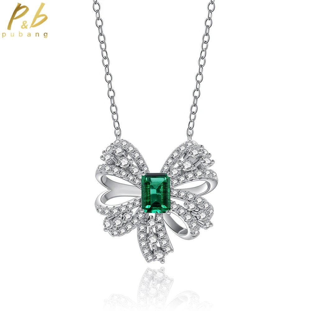 

PuBang Fine Jewelry 925 Sterling Silver Luxury Bowknot Pendant Necklace Created Moissanite for Women Wedding Gifts Drop Shipping