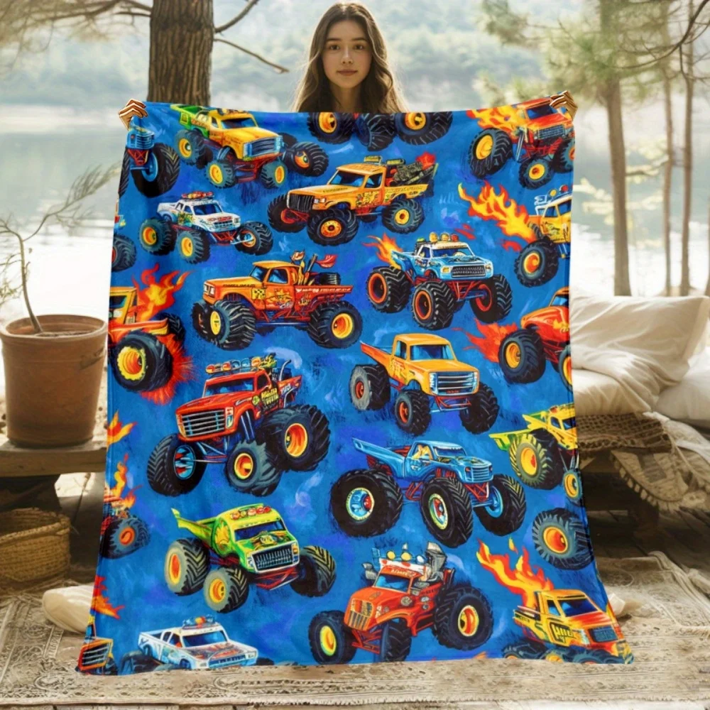 Kids Boys Monster Truck Flannel Throw Blanket Cartoon Big Wheel Car With Fire Flame Multi‑Pattern Design Cozy Soft Lightweight Blanket for Bedroom Sofa Living Room Home Decoration