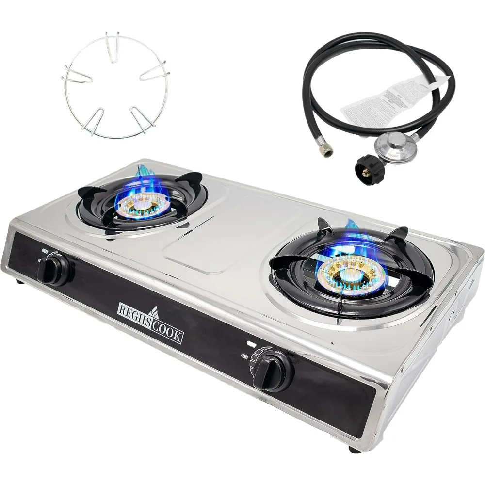 

Double Burner Propane Gas Cooktop,Camping Portable LPG Gas Stove, Auto Ignition Stainless Steel Countertop with regulator and bu