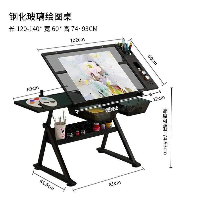 Multifunctional Art Drawing Desk Adjustable Height Glass Painting Table Drafting Desk for Home Office