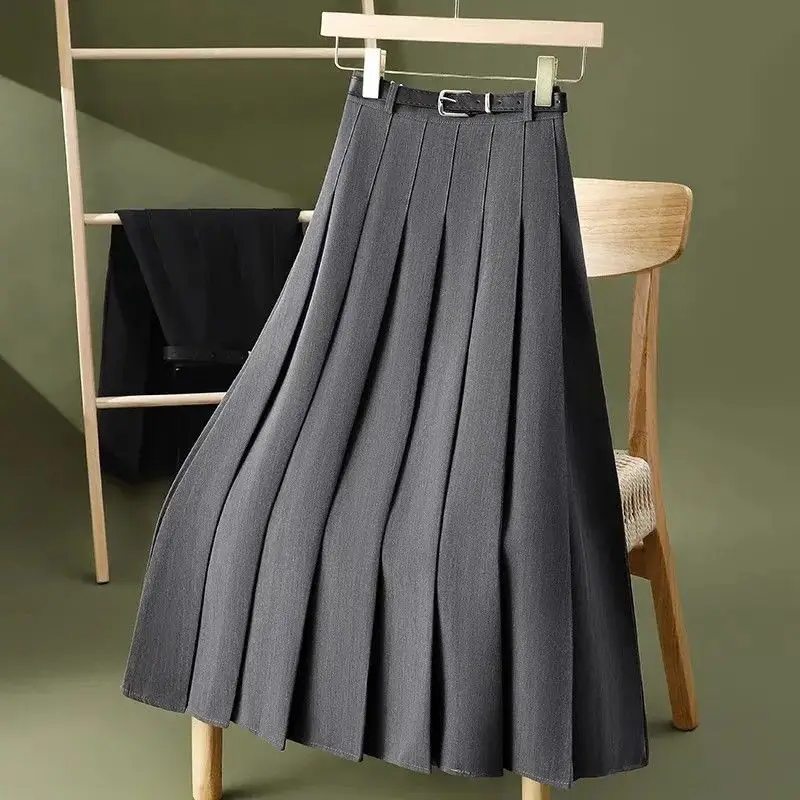 

Women's Gray Suit Fabric Pleated Skirt High-waist Slim-fit A-line Midi Umbrella Skirt Autumn Office Lady Chic Commuter Outfits