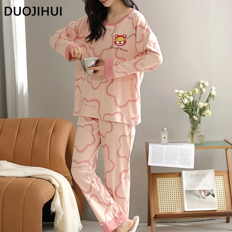 Duojihui rosa einfacher Druck süße Pyjamas für Frauen klassische O-Ausschnitt Pullover grundlegende lose Hose Mode lässig weibliche Pyjamas Set