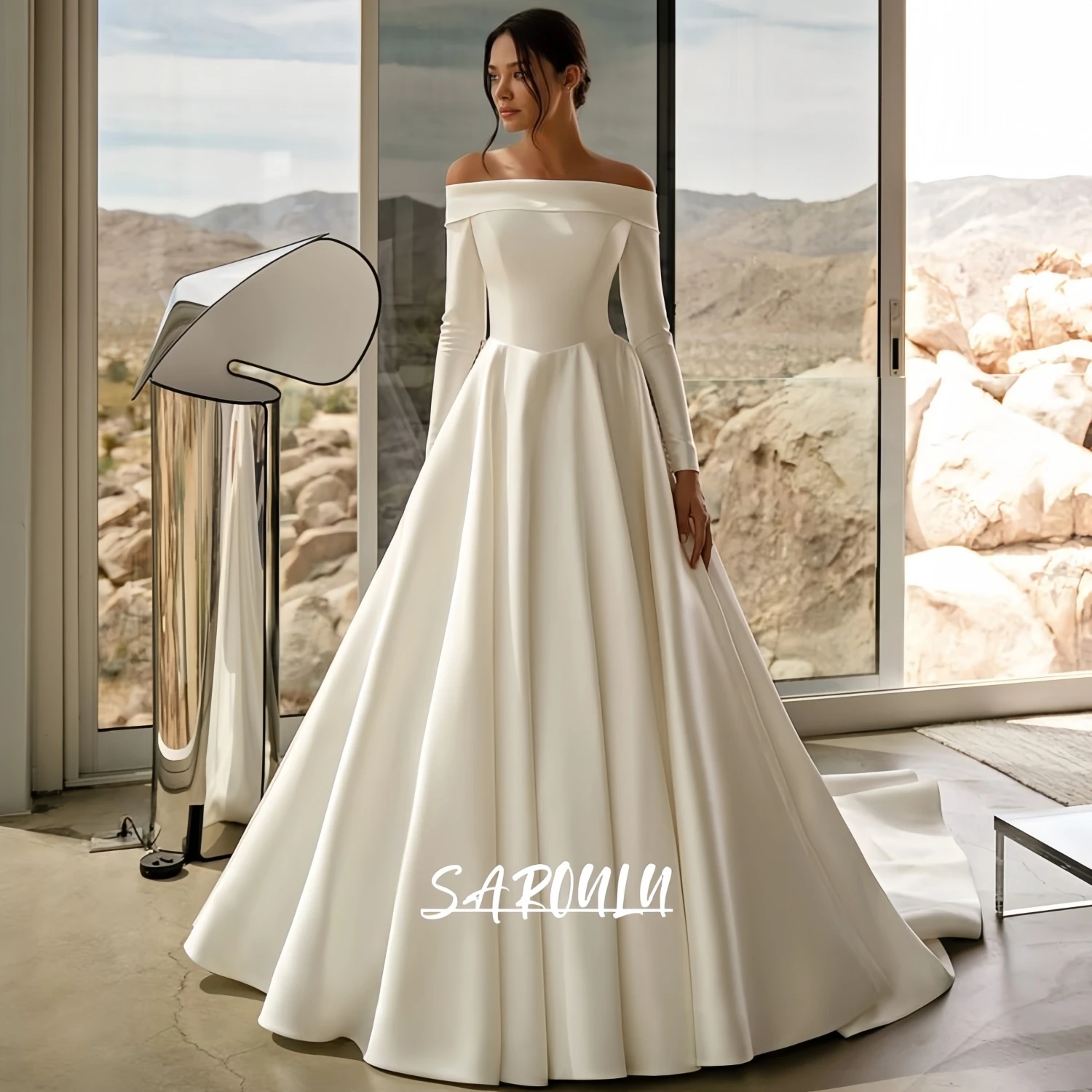 

Eelagnt Satin Wedding Dress with Off Shouder Long Sleeves, Customized A Line Bride Dresses 2025, Plus Court Train Bridal Gown