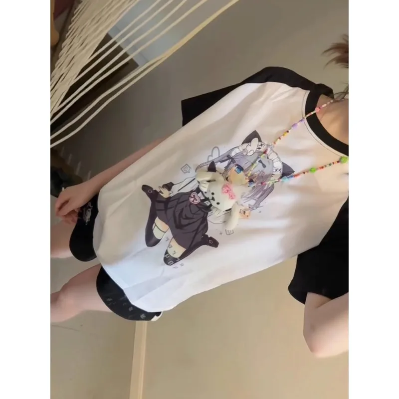 Harajuku camiseta de manga curta feminina, tops estampados de anime, retalhos soltos, preto e branco, casual japonês sweet tees, subcultura, Y2K, harajuku