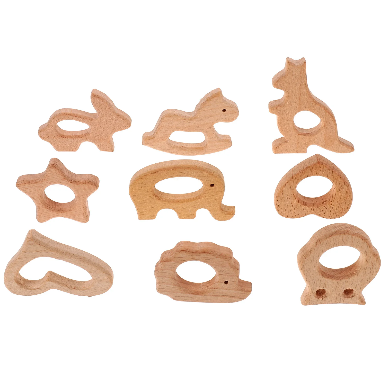 9Pcs Beech Wood Animal for Babies Smooth Natural Infant Teethers Chewable Baby Toddler Soothers