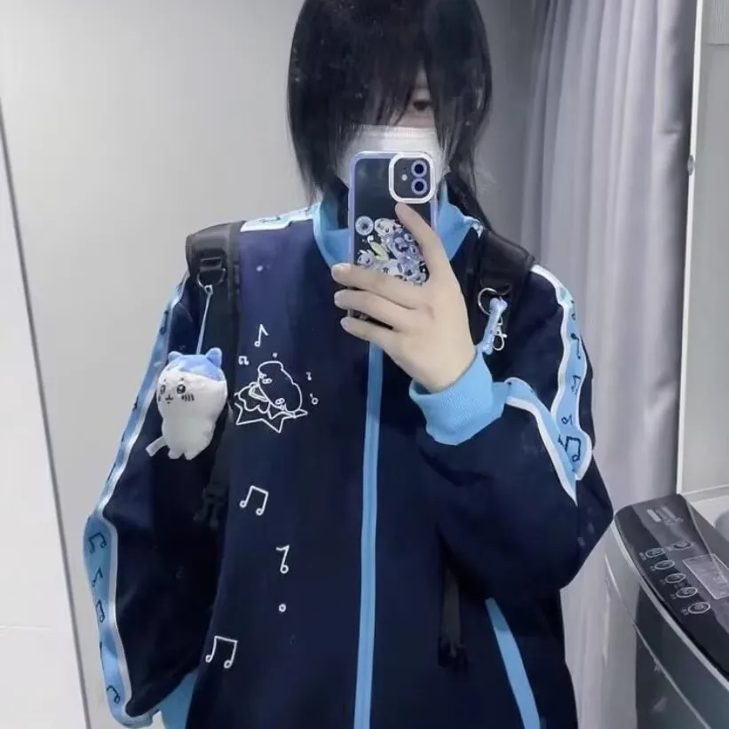 

Y2K японский свитшот на молнии с вышивкой на подкладке и воротником-стойкой, свободный открытый кардиган, верхняя одежда на осень и зиму