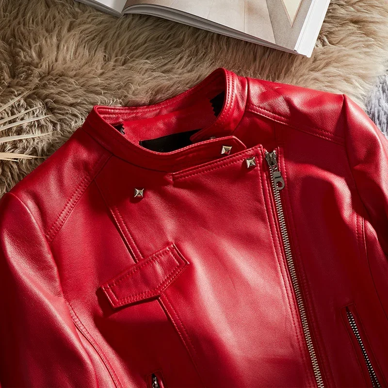 Tajiyane Echtes Leder Jacken für Frauen Schlank Biker Jacke Echt Schaffell Mantel Mode Rot Leder Mäntel Veste Cuir Femme SGG