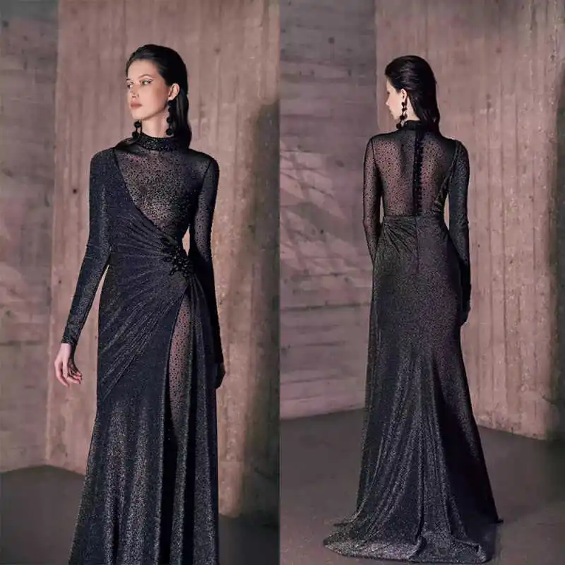

Glitter Women's Evening Dresses Long Sleeve High Neck Diamond Pleated Slimming Wedding Bridal Floor-Mounting Dresses Customized