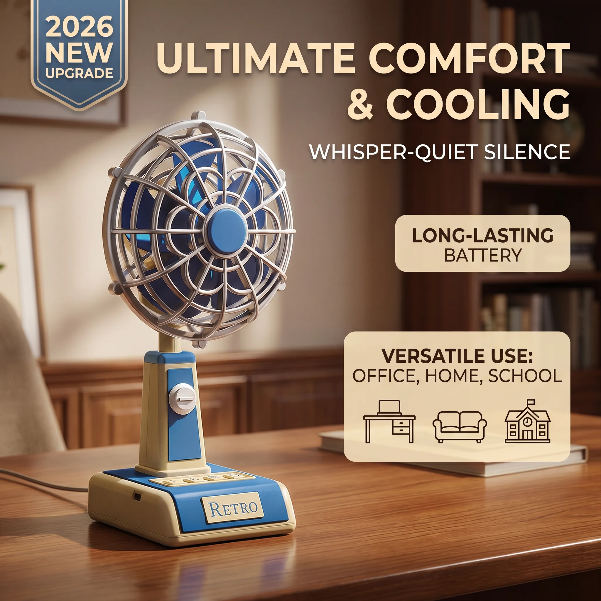 2026 New Upgrade Desk Fan Quiet Portable Tabletop Vintage Personal Powerful Airflow Fan For Home Outdoor Travel School Kitchen