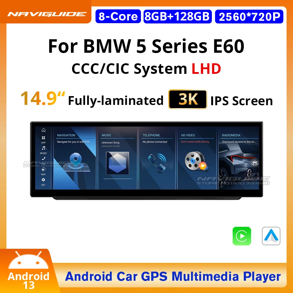 NAVIGUIDE 14.9'' Android13 8+128G For BMW 5 Series E60 CCC CIC System Car Radio Carplay Auto Screen Multimedia Player 4G Wifi BT