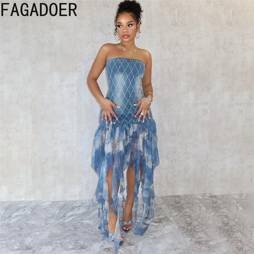 FAGADOER Blue Fashion Printing Bodycon Tassels Dresses Women Off Shoulder Sleeveless Backless Slim Vestidos Female Streetwear