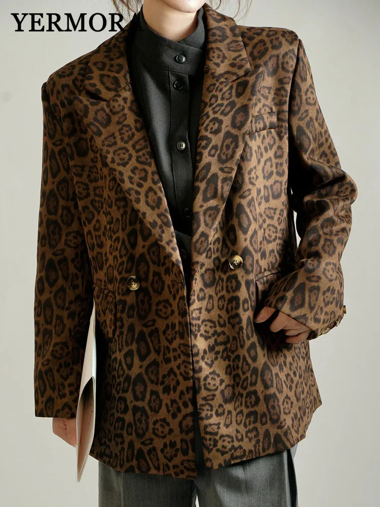 

YERMORA Leopard Print Button Vintage Blazer For Women Lapel Long Sleeve Loose New Jacket Fashion Tide Spring Autumn 2025