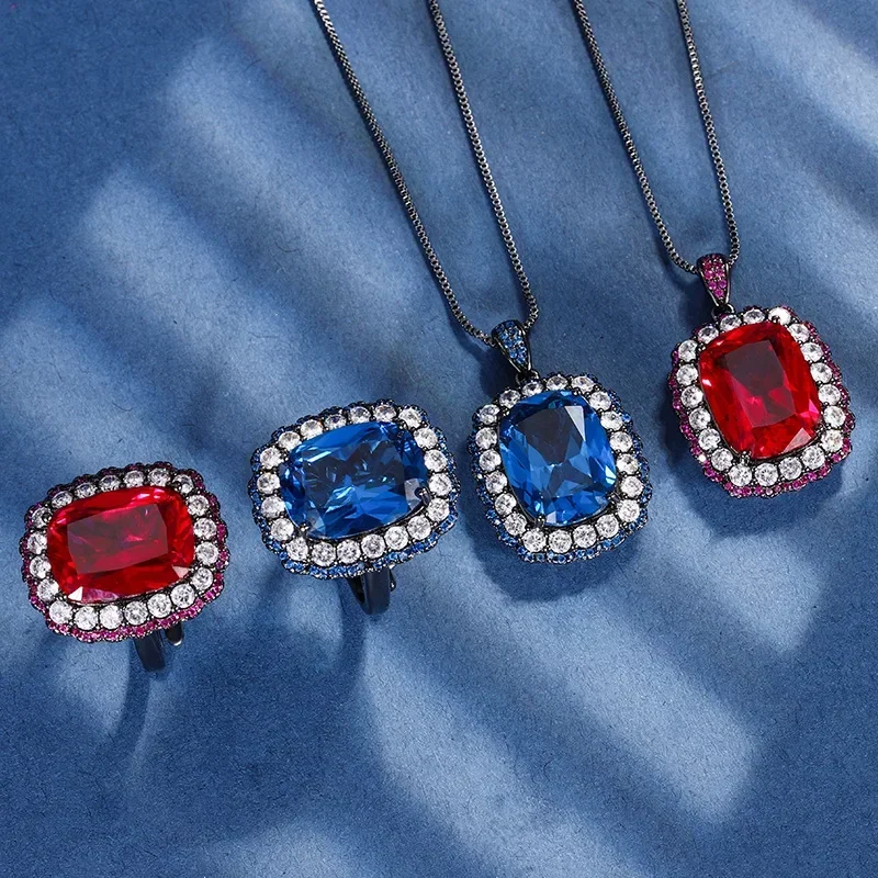 

Adjustable Red Blue Crystal Ring Pendant Necklace Elegant Square Design Zircon Halo Perfect for Women Fashion Wedding Jewelry