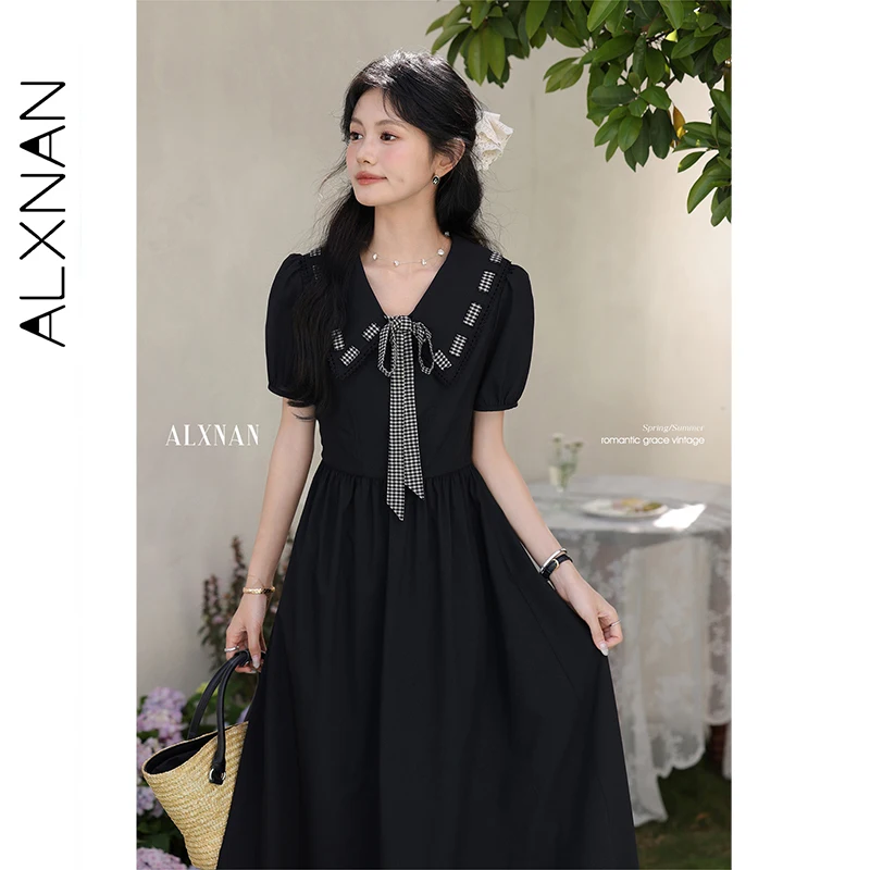 

ALXNAN Preppy Style Women's Black Dress French Elegant 2026 Fashion Long Dress Vintage Plaid Patchwork Tie Strap Clothing L55706
