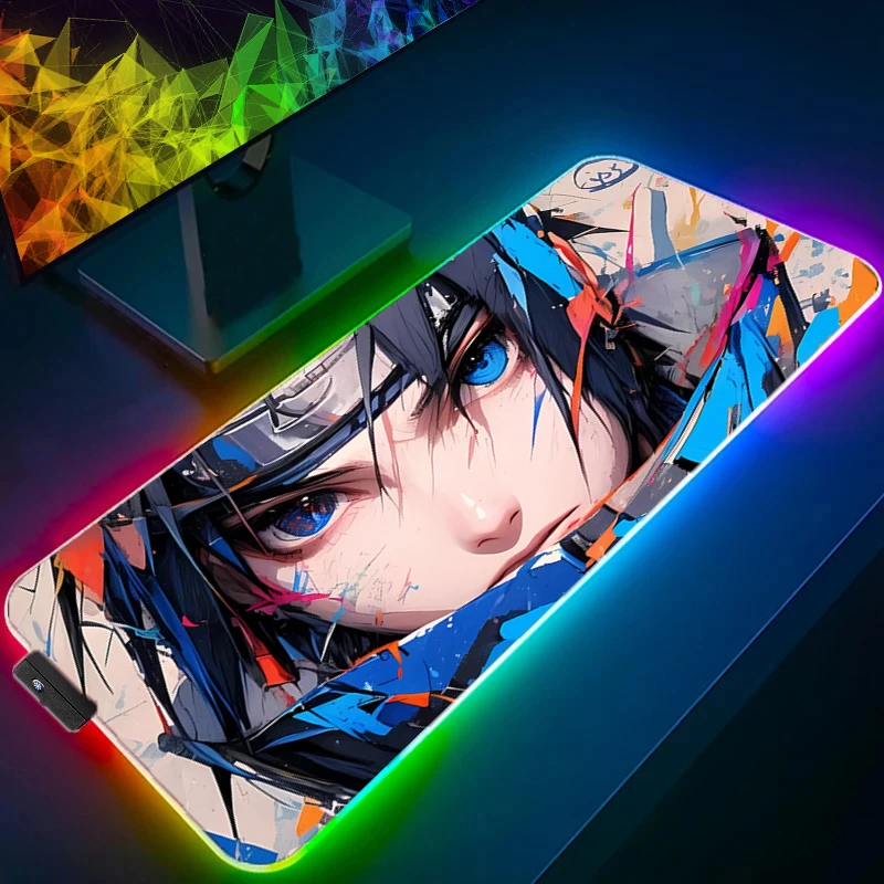 Anime NARUTO Uchiha Sasuke RGB Pad Mouse Backlight HD Print Computer Gamer Locking Edge LED Mousepad XXL Keyboard PC Mice Mats