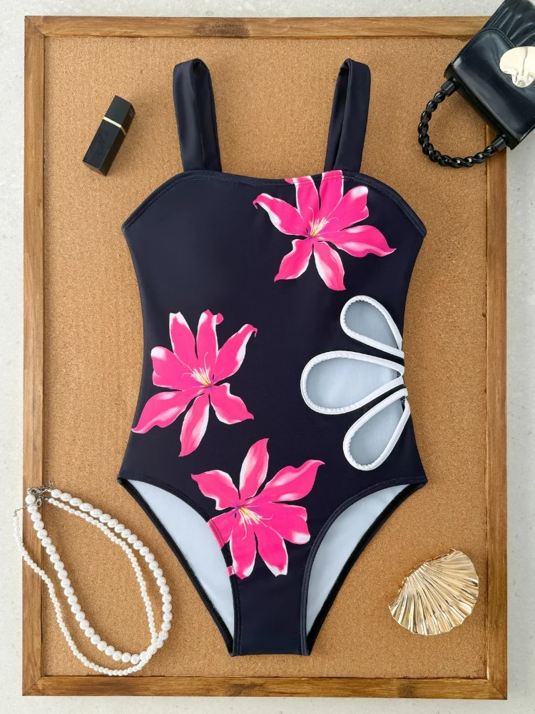 

Детский купальник для девочек One Piece 2026: Новинка, черный, с цветочным принтом, на бретельках, летний, с вырезами, пляжный, для плавания