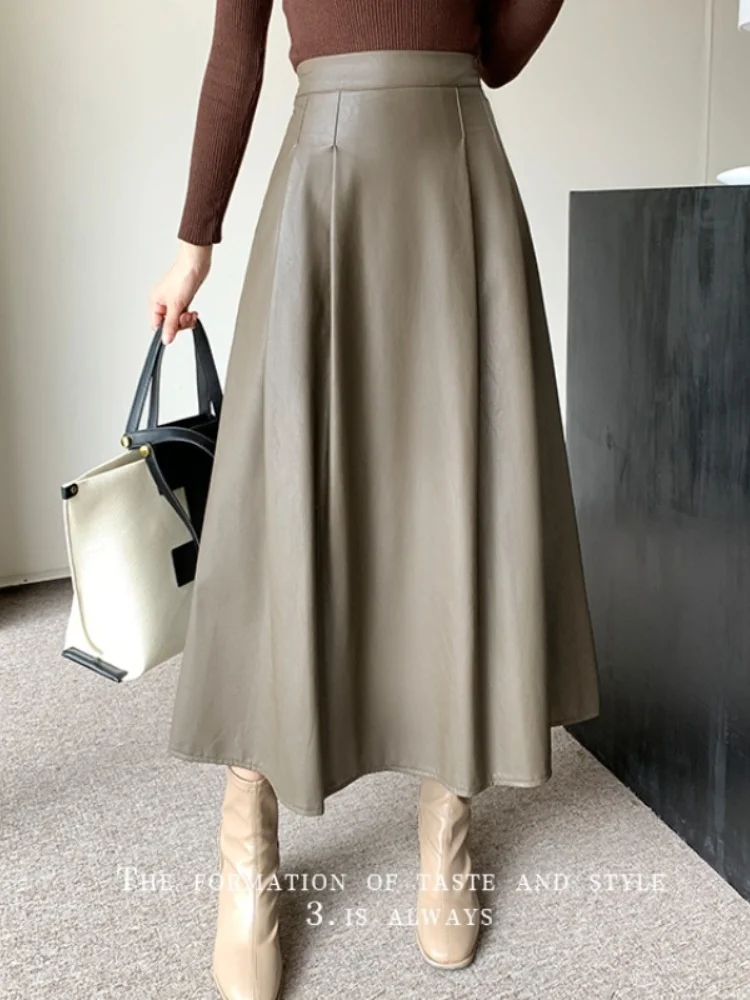 

2024 Autumn Winter Women PU Long Skirt Fashion Leather Elastic High Waist Skirt Office Elegan Midi Jupes Solid Party Falda