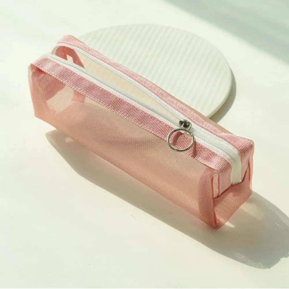 Dacron Transparent Stationery Pencil Bag Korean Version Large Capacity Nylon Mesh Pen Case Transparent Colored Pencil Case