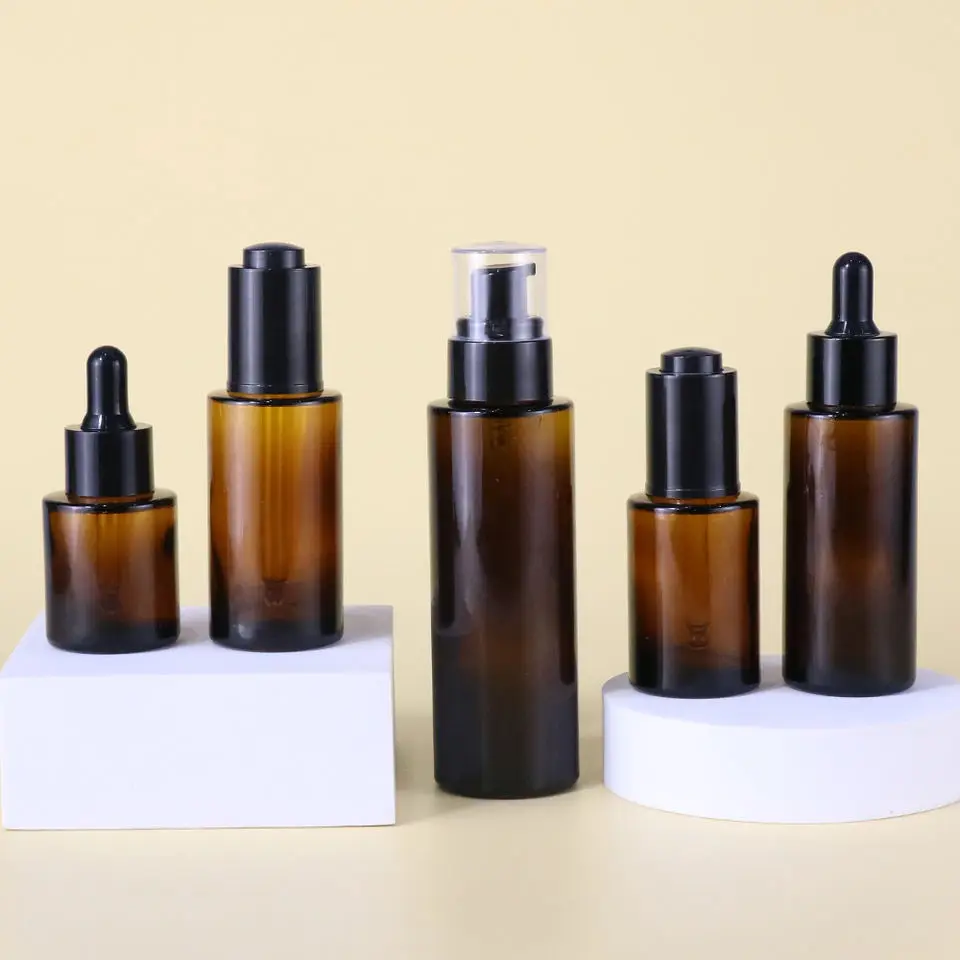 

20/30/40/50/60/80/100ml Amber Glass Lotion Bottle Flat Shoulder Essential Oil Dropper Bottles EmptySerum Skincare Container