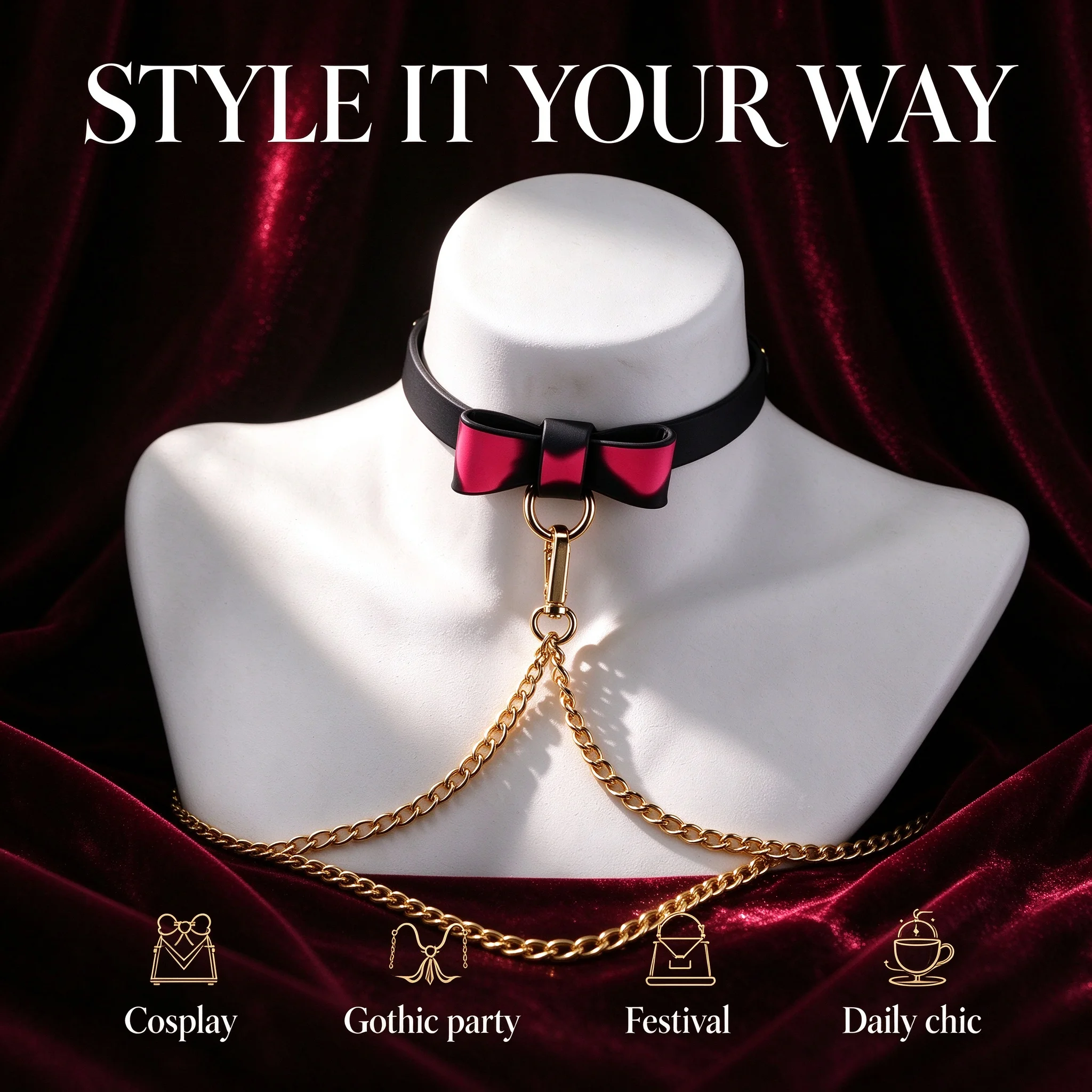 Thermal Color Changing Choker Set Bow Snake Bat Wing PU Leather Gothic Necklace Gold Chain Adjustable Buckle Cosplay Gift 6