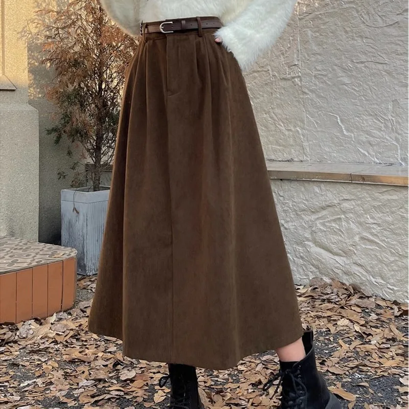 Vintage Belt Corduroy Women Mid Skirts Soft Comfortable High Waist Pleated A Line Skirts Autumn Korean Style Casual Female Skirt