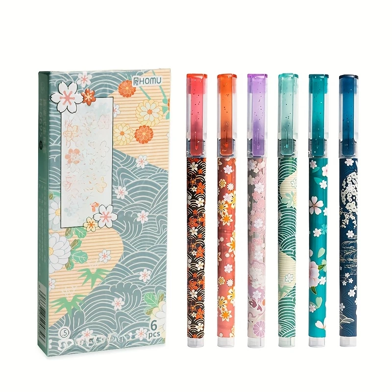 مجموعة أقلام كرة دوارة لصق الأزهار مكونة من 6 قطع، طرف رفيع 0.5 مم، حبر سائل سريع الجفاف، مادة بلاستيكية متينة، كتابة سلسة، مكتب أ #2