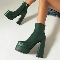 Black White Gold Women Ankle Boots Platform Thick High Heel Ladies Short Boots PU Leather Square Toe Zipper Dress Women's Boots