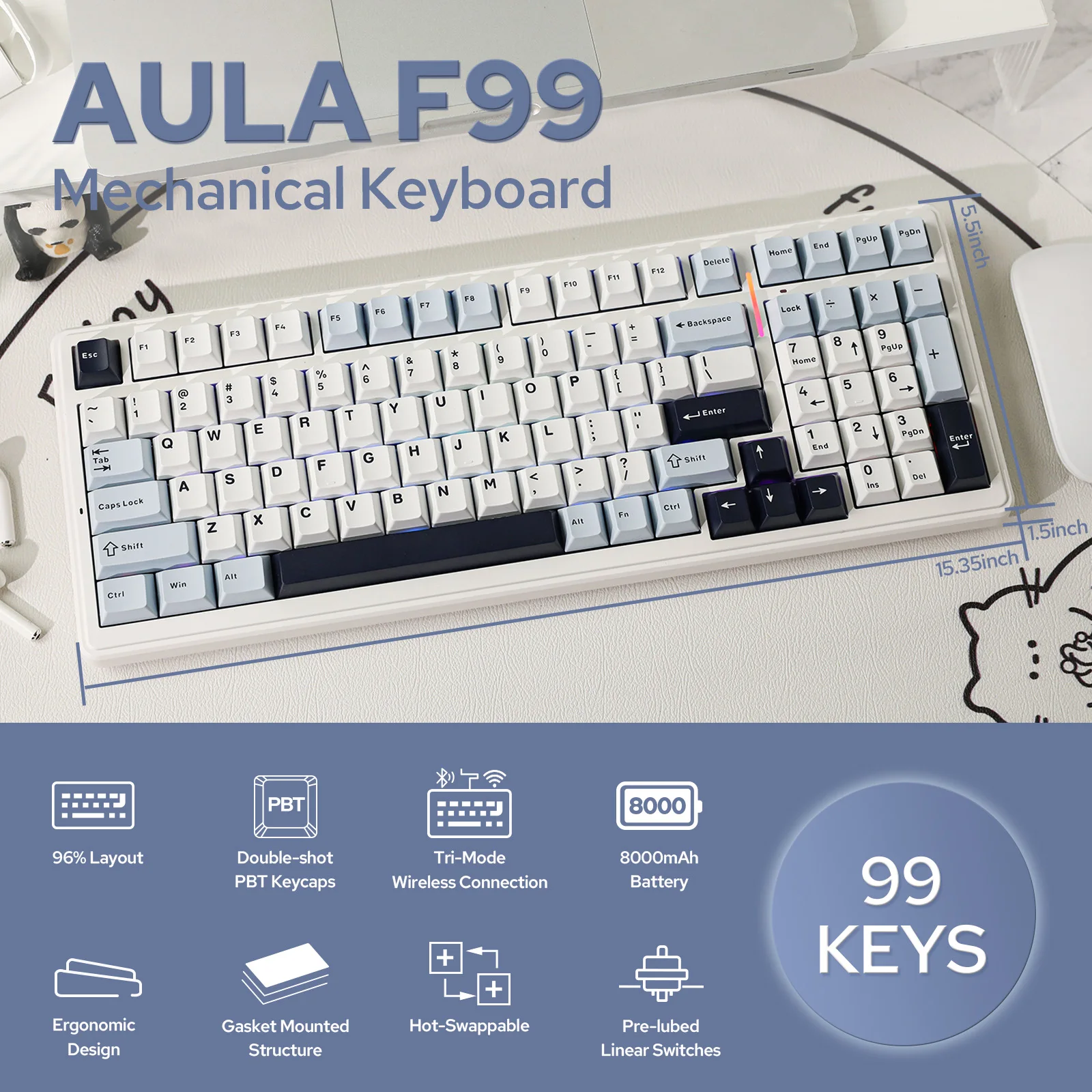 EPOMAKER X AULA F99 98% Gasket-Mounted Wired/BT/2.4GHz Wireless NKRO Mechanical Keyboard North-facing RGB 8000mAh Battery