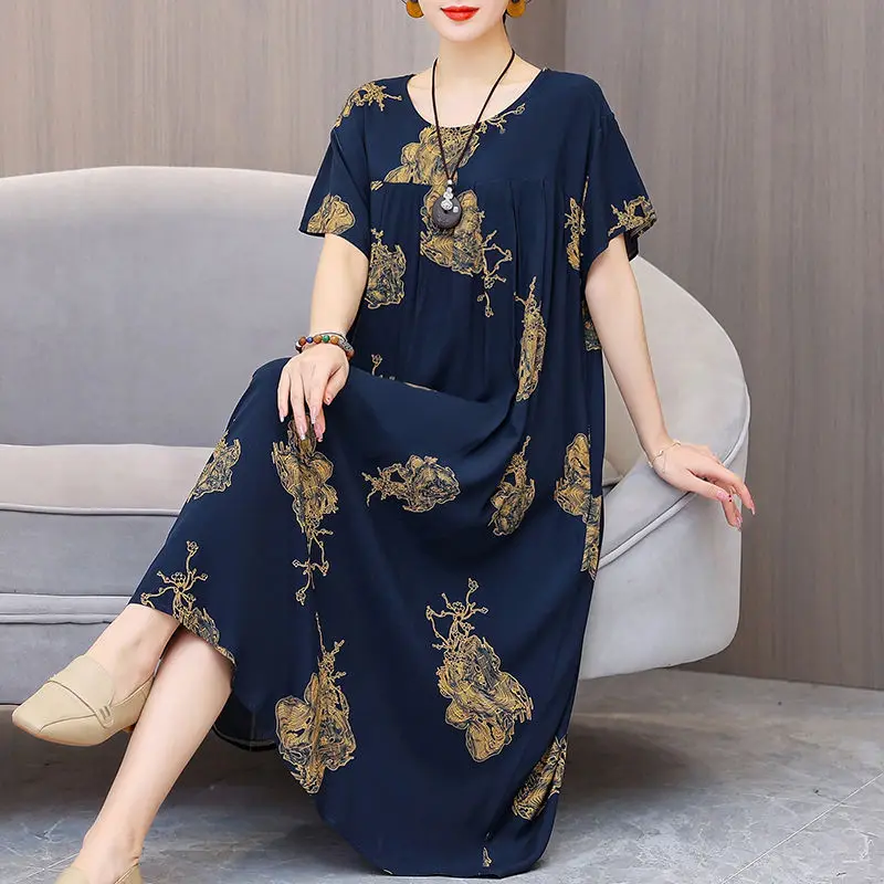 Female Clothing Casual O-Neck Midi Dress Loose Straight Summer Short Sleeve Vintage Broken Flowers Fashion Folds Commute Dresses