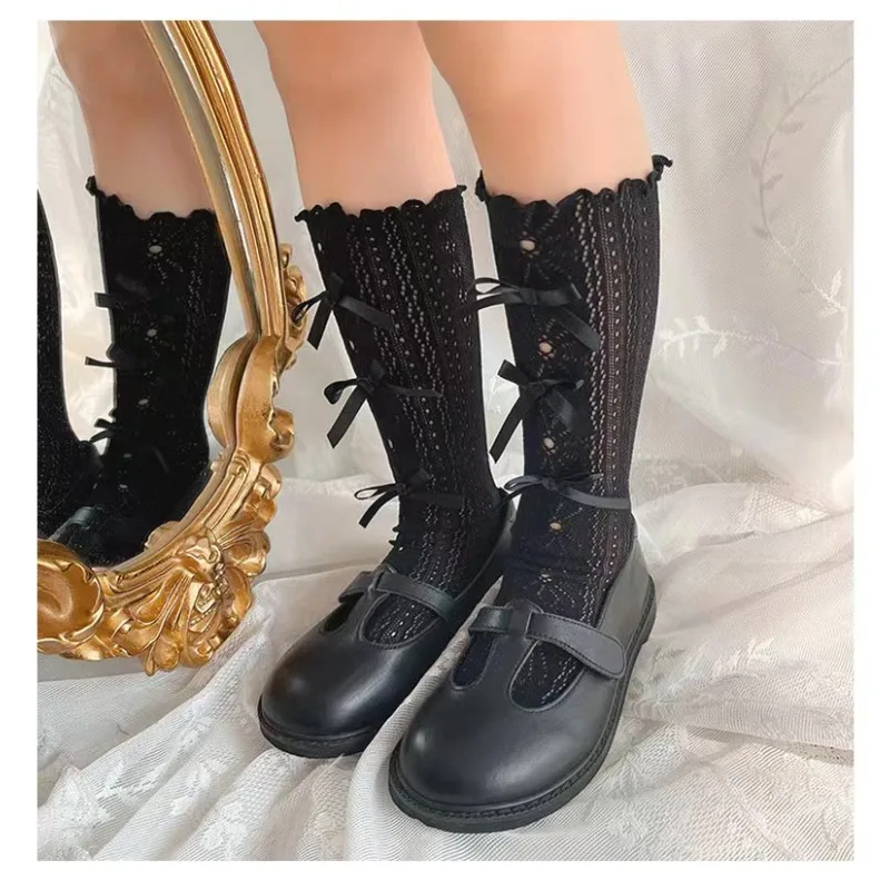 Summer Children's Lolita Thin Edge Curl Knee Length Socks Fashion Cute Bows Princess Hollowed Out Daisy Pattern Sock for Kids