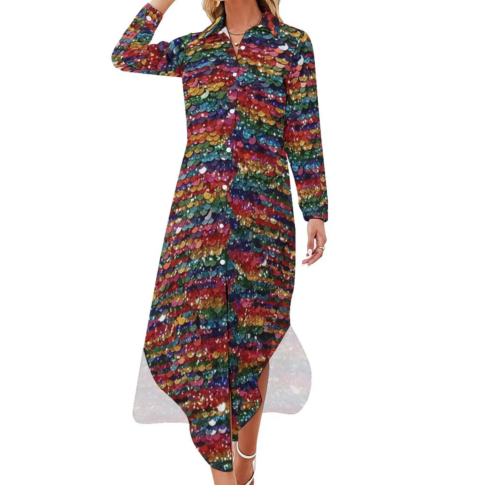 Rainbow Sequins Sparkle Vibrant Rainbow Long Sleeved Shirt Dress bandage dress women clothes womens dress