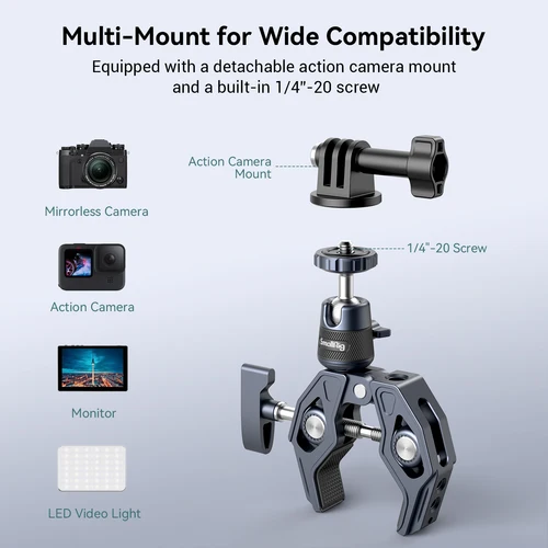 Imagen 2 del producto Abrazadera de montaje para cámara SmallRig Super Clamp con 360 °   Adaptador de liberación rápida de cabezal esférico para luz LED de monitor de cámara Gopro -4102
