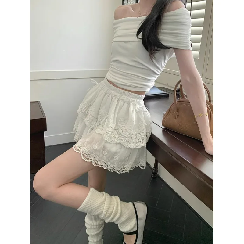 

Корейская кружевная повседневная юбка-тортик, женская летняя новинка 202, однотонная универсальная юбка трапециевидной формы с высокой талией и бантом