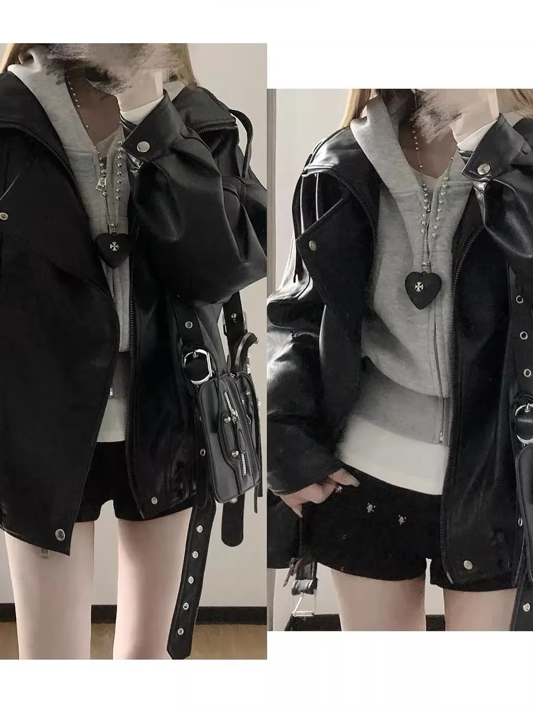 

Biker Jackets Womens Jacket Double Breasted Leather Ribbed Panelled Hooded Campus Preppy College Breathable Halloween Thickend