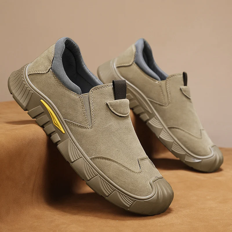 

Men's Khaki Suede Loafers - Slip on Sports Shoes with Comfortable Thick Sole and Yellow Decoration Suitable for Daily Walking