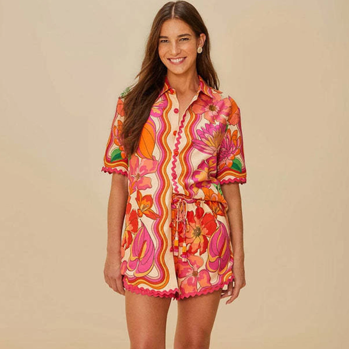 

Women Floral Print Single Breasted Belt Cotton Linen Sexy Casual Red Linen Shorts Suits