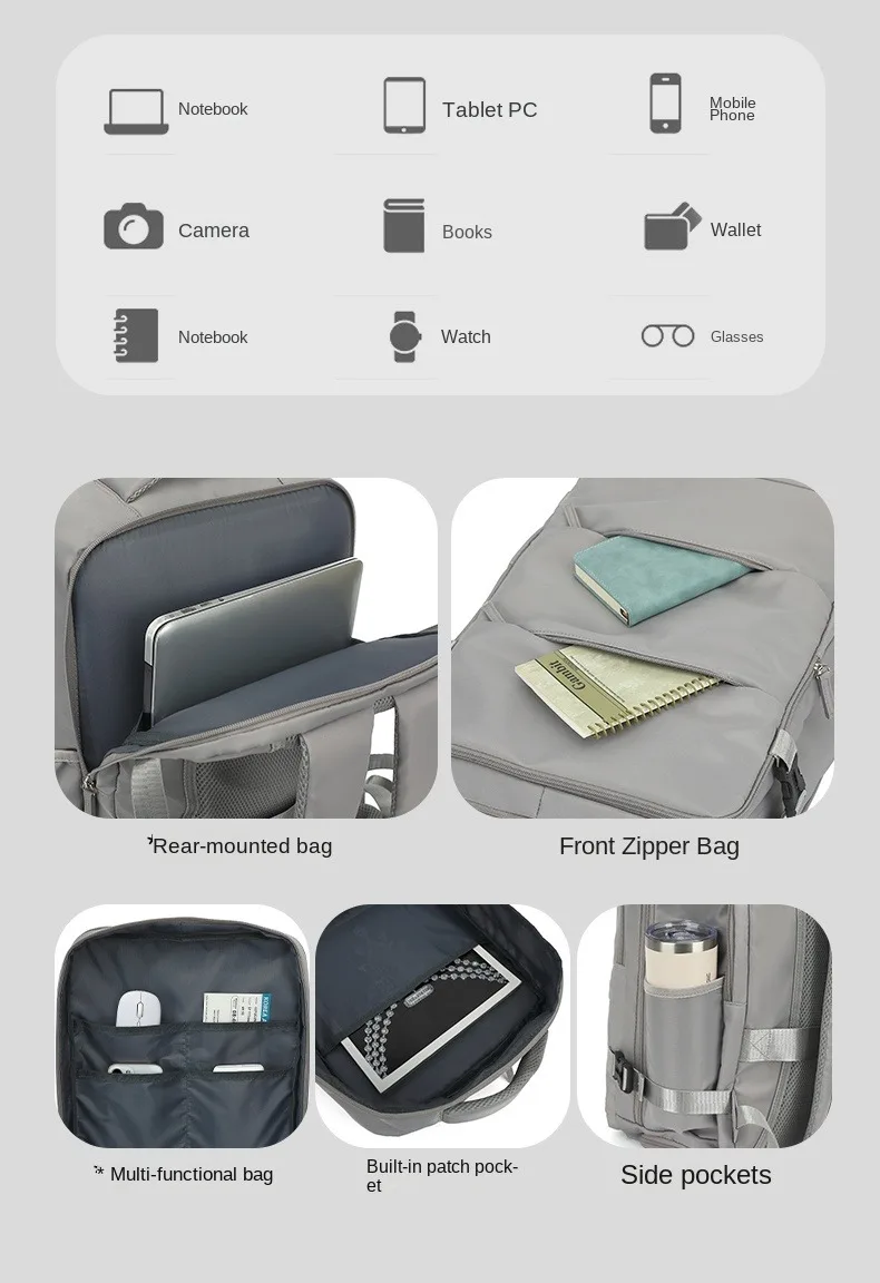 حقيبة ظهر محمولة معتمدة من شركة الطيران، حقيبة أمتعة متينة مع مقصورات داخلية متعددة، للتخييم، المشي لمسافات طويلة، مجهزة بأشرطة كتف مريحة وتخزين تحت المقعد، مناسبة للرحلات القصيرة، حقيبة ظهر للسفر باللوازم المدرسية، مناسبة للجنسين، مناسبة للسفر باللون الوردي، سعة كبيرة، مقاومة للماء، مقاومة للماء، باللون الأسود