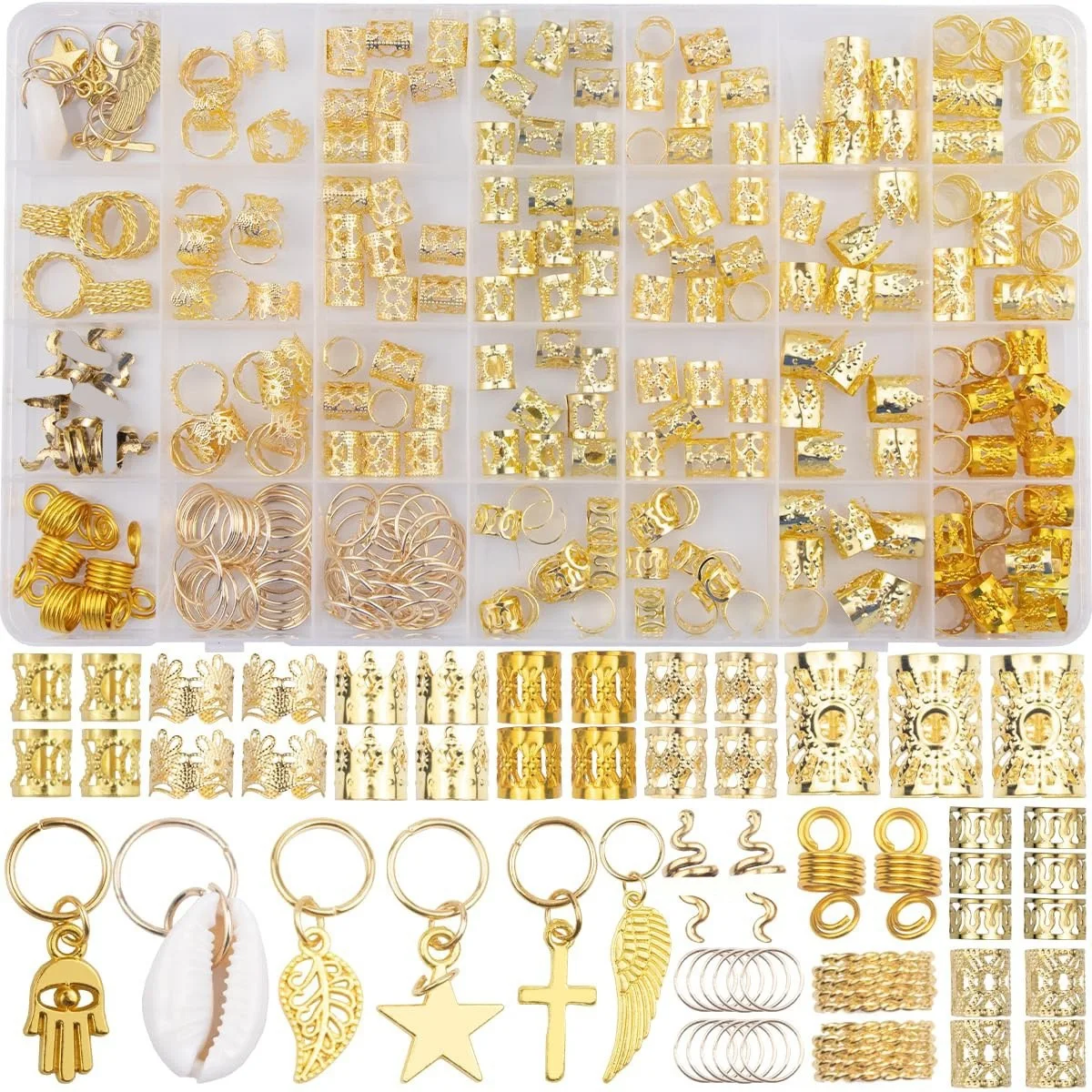 

261PCS Wig Dreadlocks Shell Star Hair Ring Hair Accessories Electroplated Hollow Hair Extension Ring Hair Ornaments Headwear