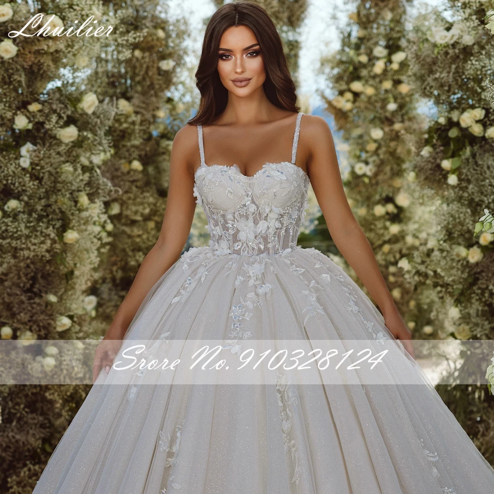 Lhuilier Elegant A Line Princess Wedding Dresses Spaghetti Straps Beaded Flowers Bridal Gown with Removable Sleeves