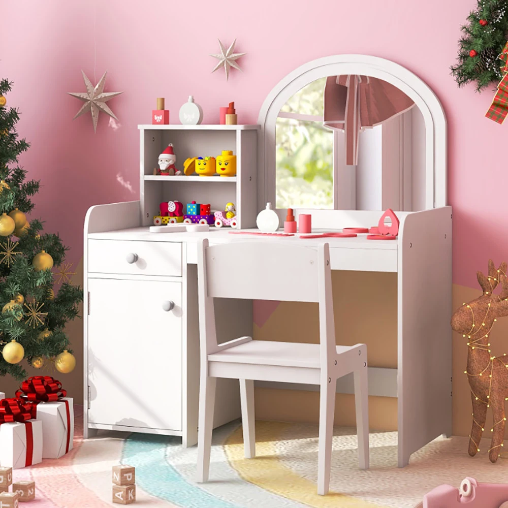 2 in-1 Princess Makeup Desk & Chair Set Kids Vanity with Lights with Lighted Mirror Drawer Storage Shelves & Cabinet Toddler