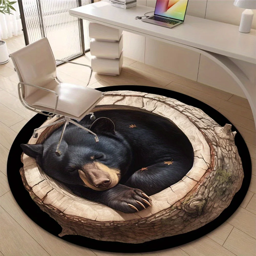 3D Effect Sleeping Black Bear Round Area Rug Tree Trunk Circle Carpet Washable Non Slip Office Desk Chair Floor Decor