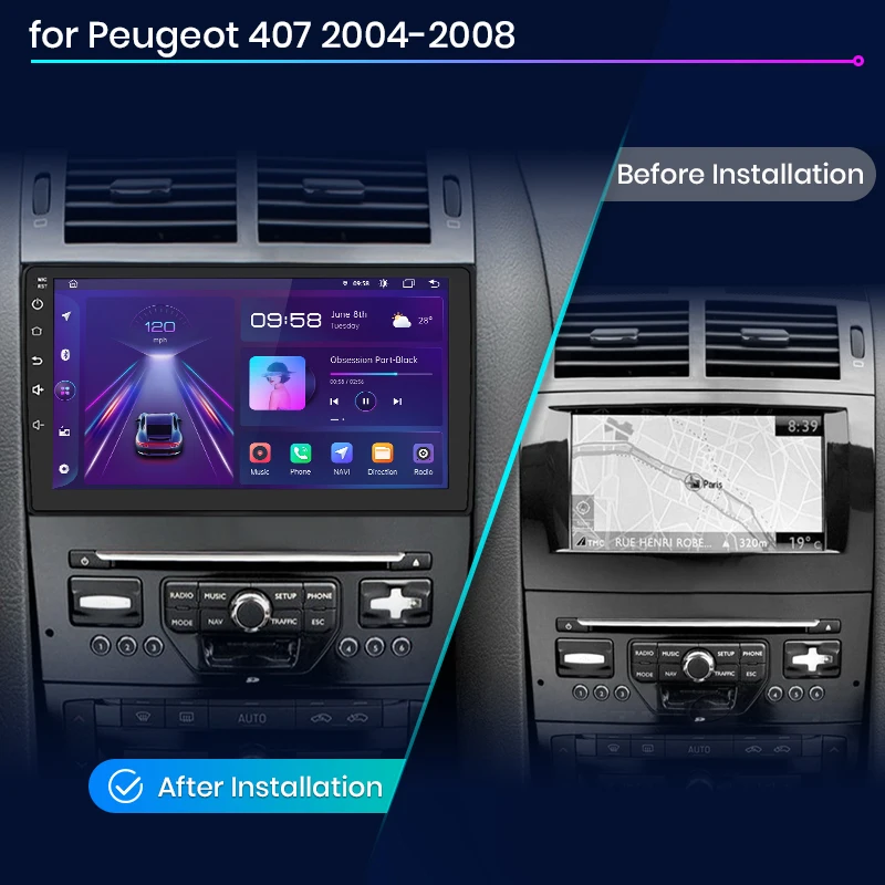 Radio para Auto Junsun con CarPlay Inalámbrico y Android Auto para Peugeot 407 2004-2011, 2 DIN, Multimedia Estéreo con Ventilador Integrado, Navegación GPS, SWC, Bluetooth, FM, RDS, DSP, Pantalla IPS, Sistemas Inteligentes para Auto, 4G, WiFi, 8 Núcleos, Plug&Play 2