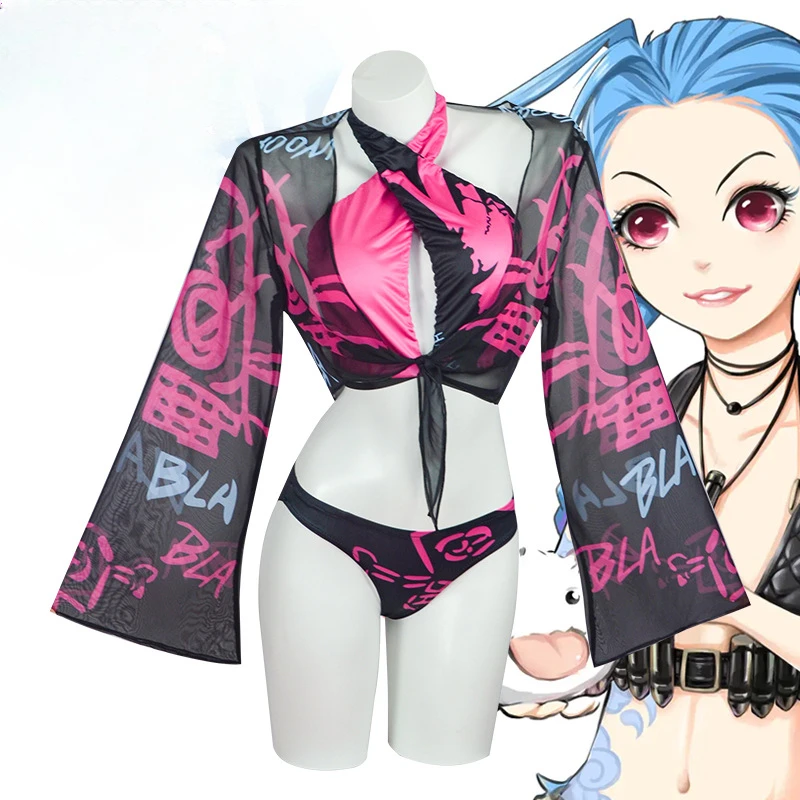 

LoL Jinx Cosplay Costume Outfits Swimsuit Sexy Bikini Summer Swimming Pool Party Dress Halloween Carnival Swimwear