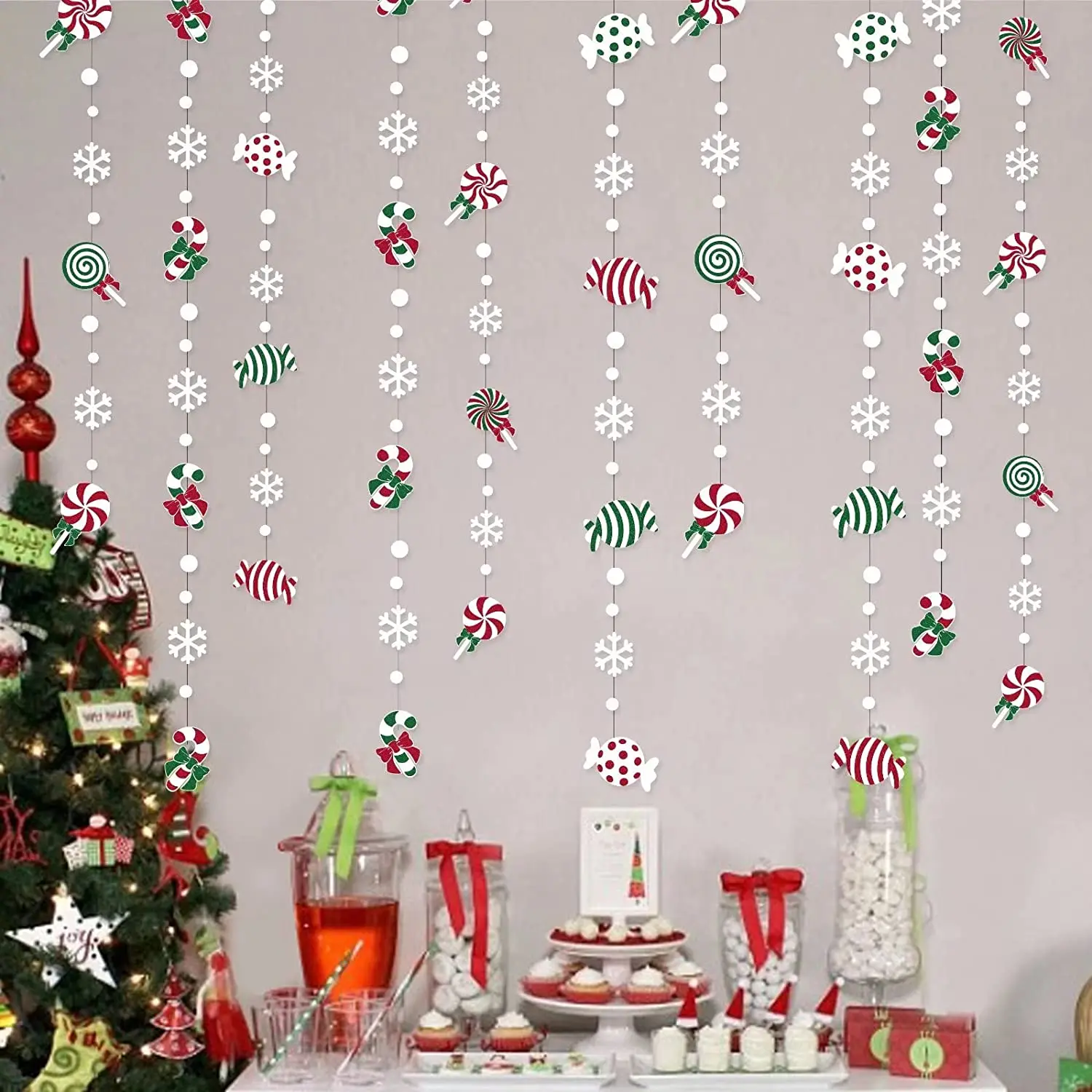 Red Green Candy Cane Lollipop White Snowflake Dot Paper Garland Christmas Candyland Birthday Decorations for Home 2023 New Year